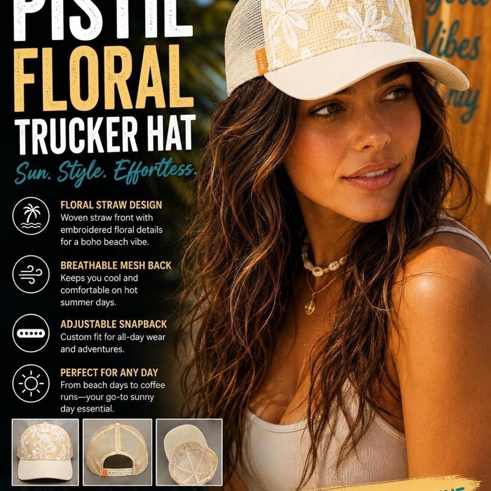 Pistil Floral Trucker Hat Women's Cream Straw Mesh Snapback Summer Beach‎ Boho